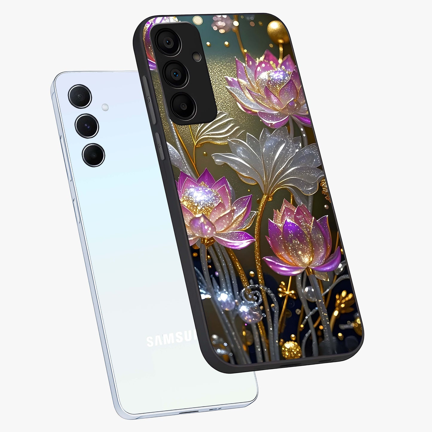 Golden Floral Majesty Glass Case displayed in angled mockup highlighting elegant flower design with royal golden aesthetic.