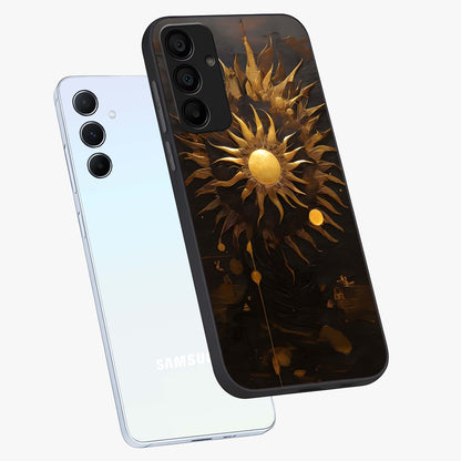 Golden Sun Majesty Glass Case displayed in angled mockup highlighting eerie shadow illustration with gothic aesthetic.