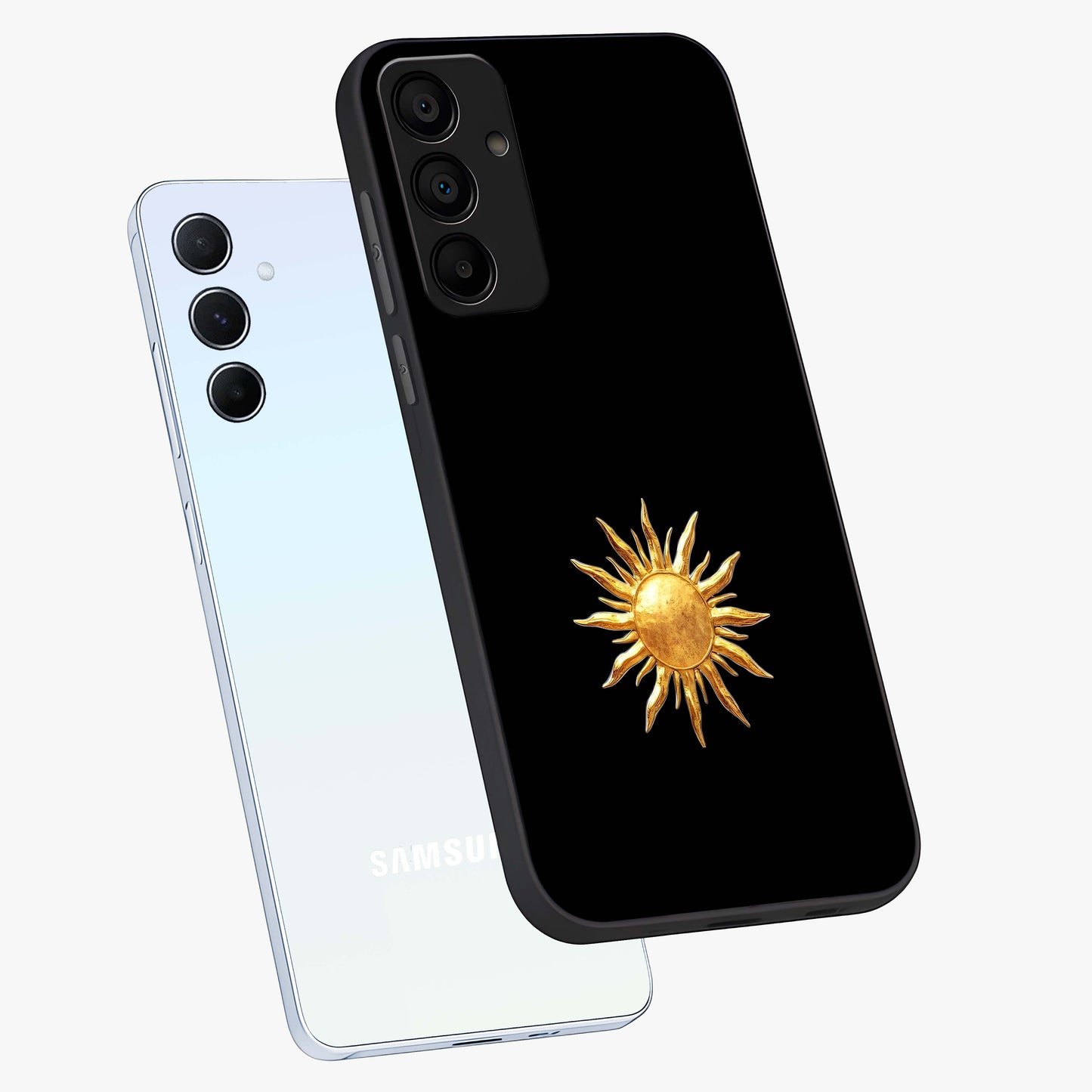 Golden Sun Minimalism Glass Case displayed in angled mockup highlighting eerie shadow illustration with gothic aesthetic.
