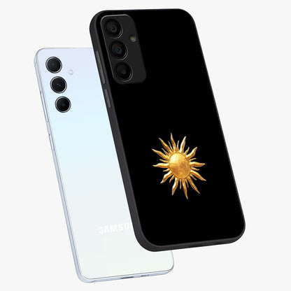 Golden Sun Minimalism Glass Case displayed in angled mockup highlighting eerie shadow illustration with gothic aesthetic.