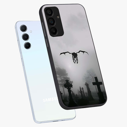 Graveyard Shadow Descent Glass Case displayed in angled mockup highlighting eerie shadow illustration with gothic aesthetic.