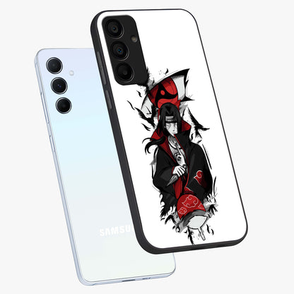 Itachi Limited Edition Naruto Anime Glass Case displayed in angled mockup highlighting dramatic anime illustration with bold action aesthetic.