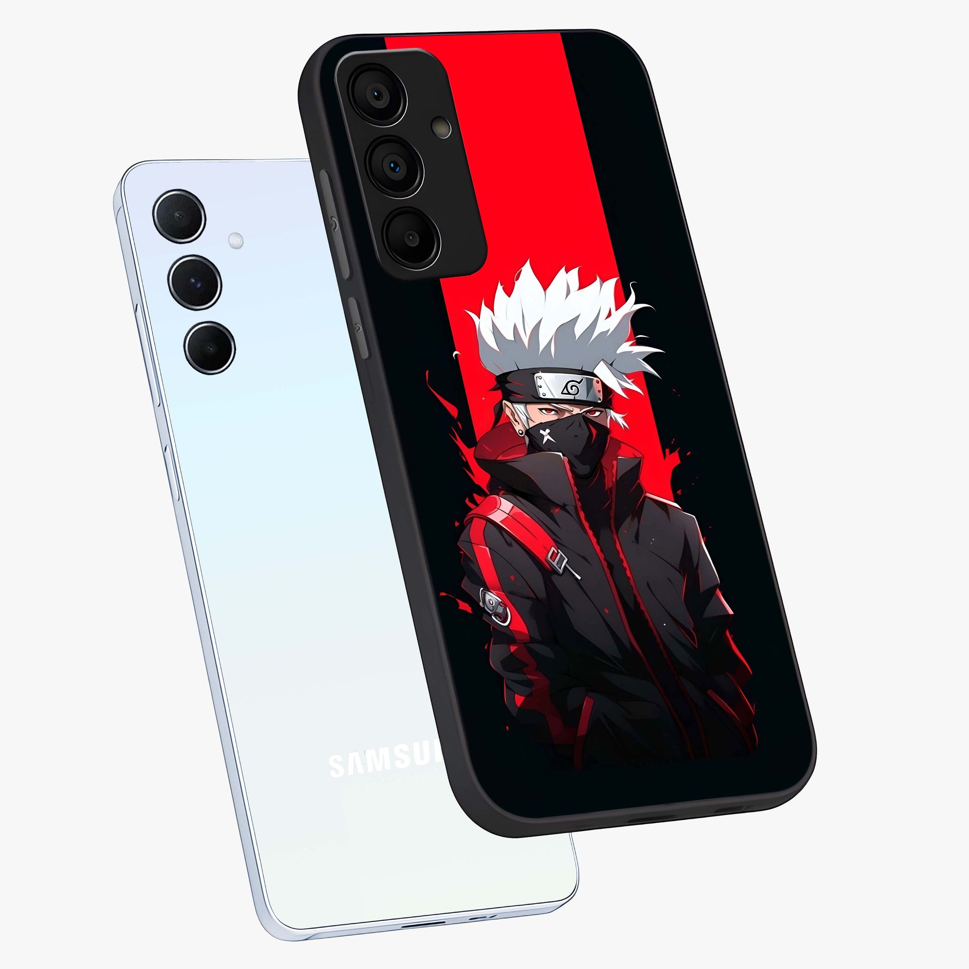 Kakashi Scarlet Shadow Glass Case displayed in angled mockup highlighting dramatic ninja illustration with scarlet themed aesthetic.