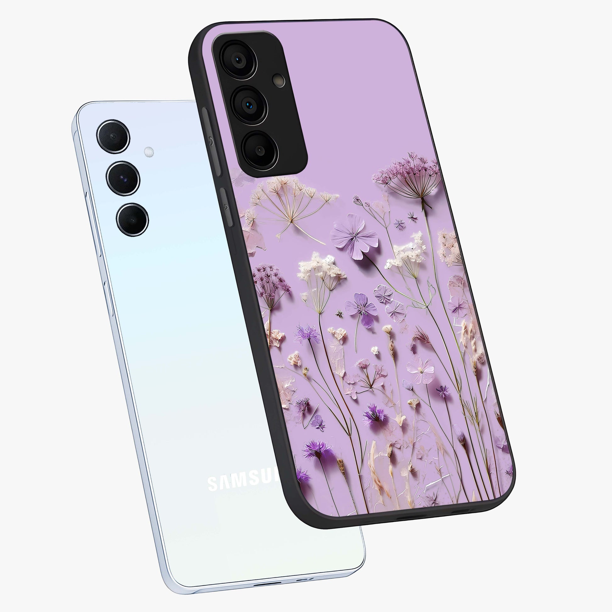 Lavender Blossom Dream Glass Case displayed in angled mockup highlighting dreamy lavender flower design with calming aesthetic style.