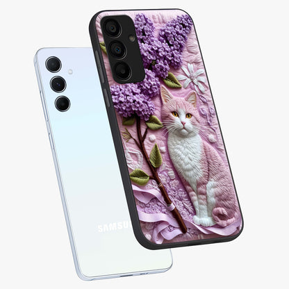 Lavender Cat Whimsy Glass Case displayed in angled mockup highlighting playful feline illustration with pastel lavender aesthetic.