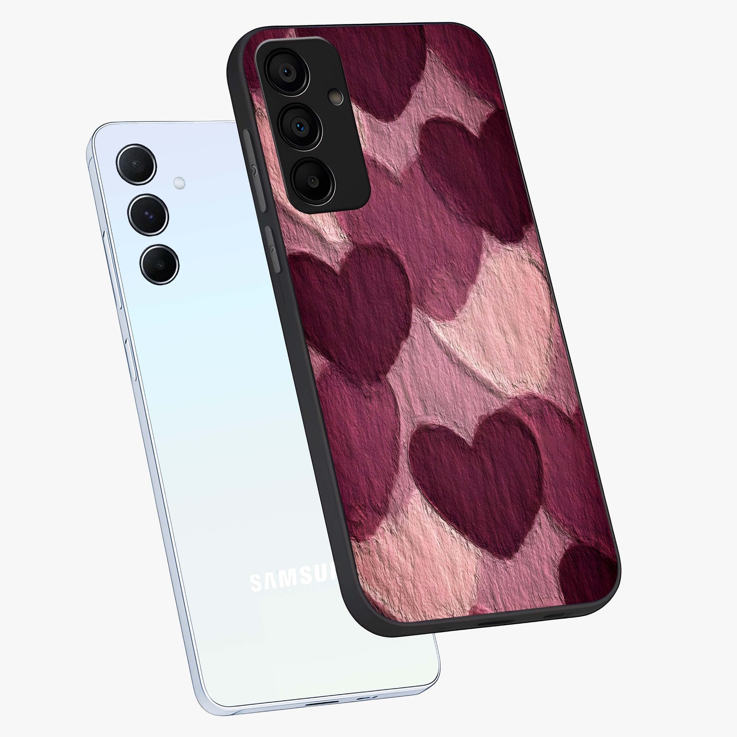 Layered Paper Hearts Glass Case displayed in angled mockup highlighting creative paper craft heart design with romantic aesthetic.