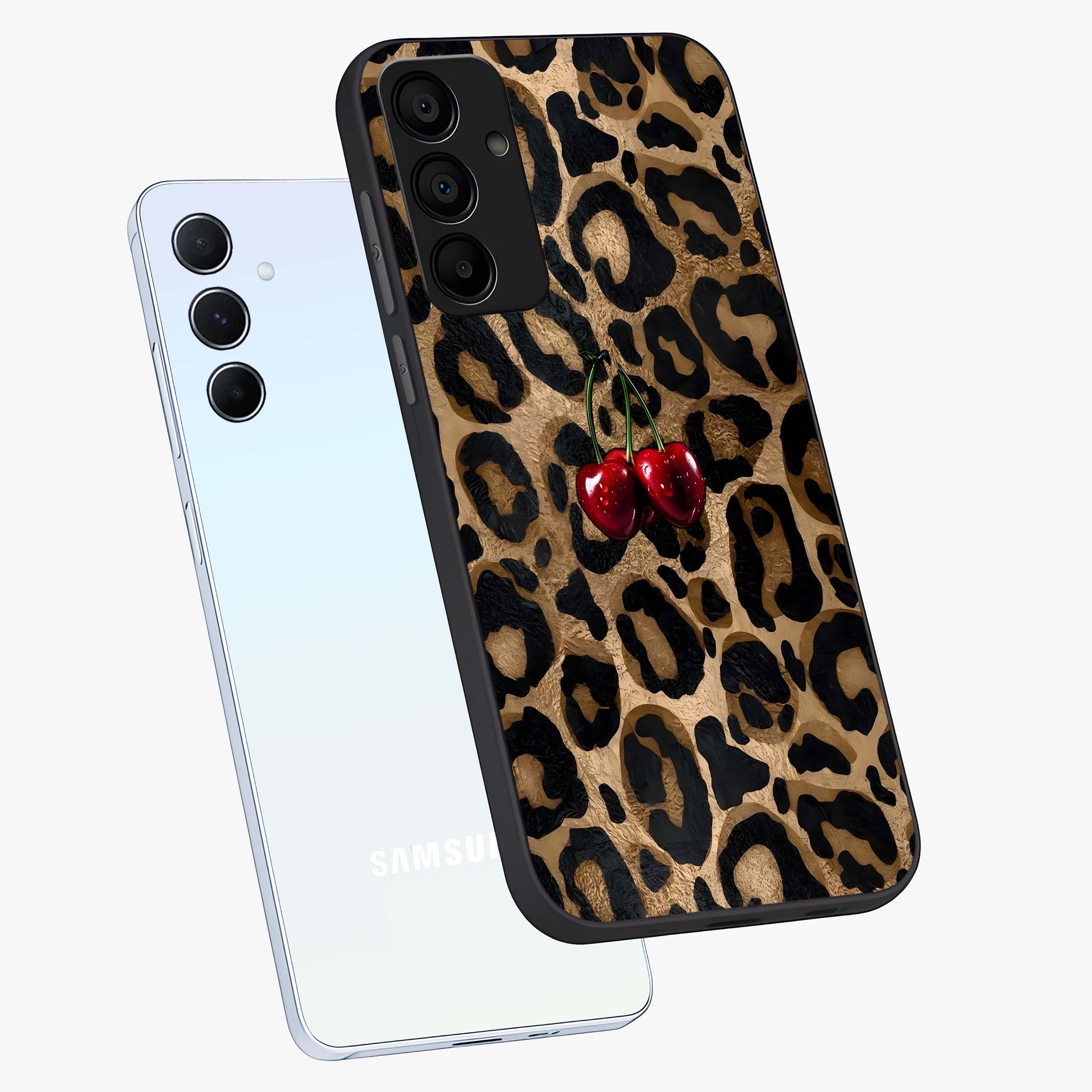 Leopard Wild Cherry Glass Case displayed in angled mockup highlighting bold animal print design with playful cherry aesthetic.