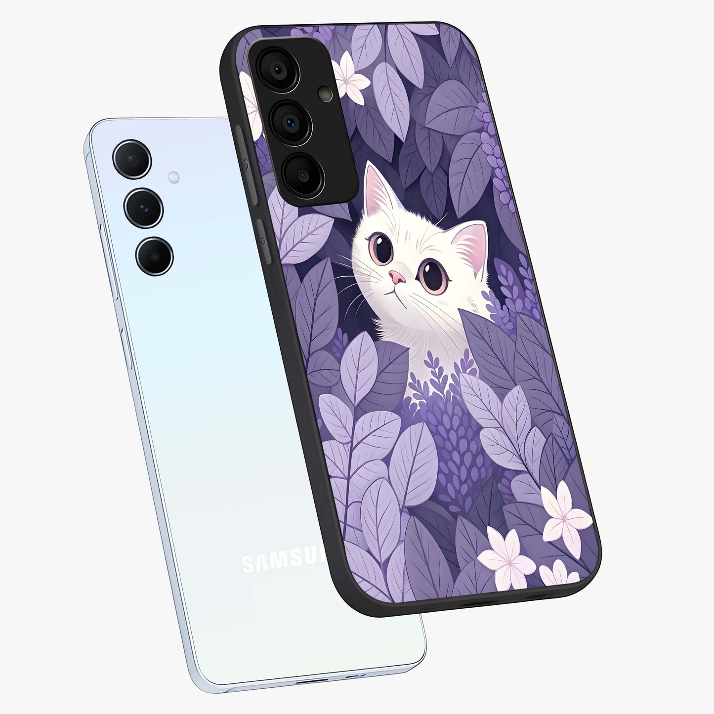 Lilac Hide Peek Cat Glass Case displayed in angled mockup highlighting playful feline illustration with lilac aesthetic design.