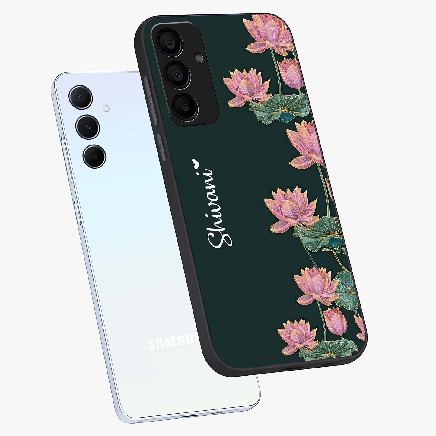 Lotus Bloom Serenity Custom Name Glass Case displayed in angled mockup highlighting graceful lotus illustration with custom name feature.