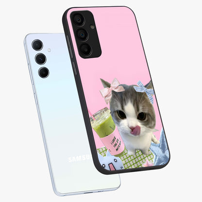 Love Matcha Cat Glass Case displayed in angled mockup highlighting playful feline illustration with cozy matcha aesthetic.