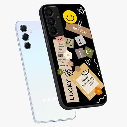 Lucky Aesthetic Collage Glass Case displayed in angled mockup highlighting stylish collage pattern with modern aesthetic vibe.