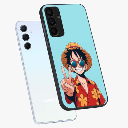 Luffy Summer Anime Vibe Glass Case displayed in angled mockup highlighting energetic anime illustration with summer vibe aesthetic.