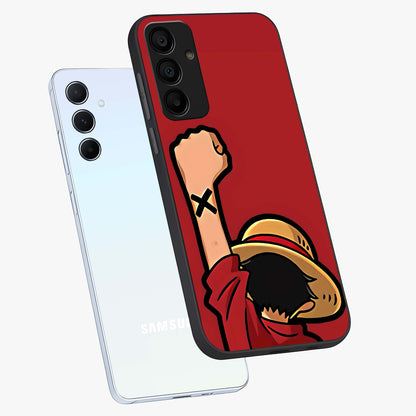 Luffy X Spirit Glass Case displayed in angled mockup highlighting powerful anime design with energetic action aesthetic.