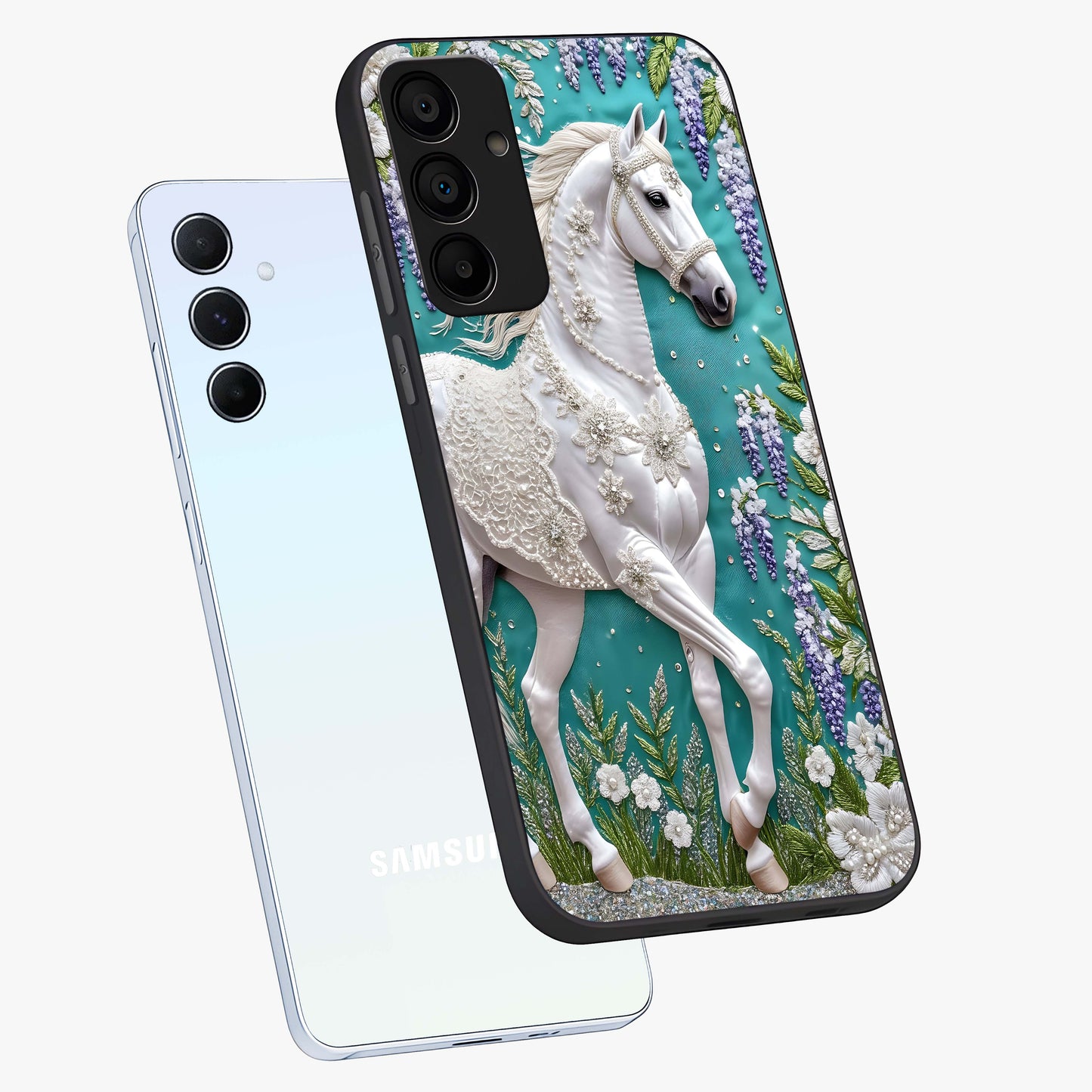 Majestic Floral Stallion Glass Case displayed in angled mockup highlighting majestic stallion illustration with elegant floral aesthetic.