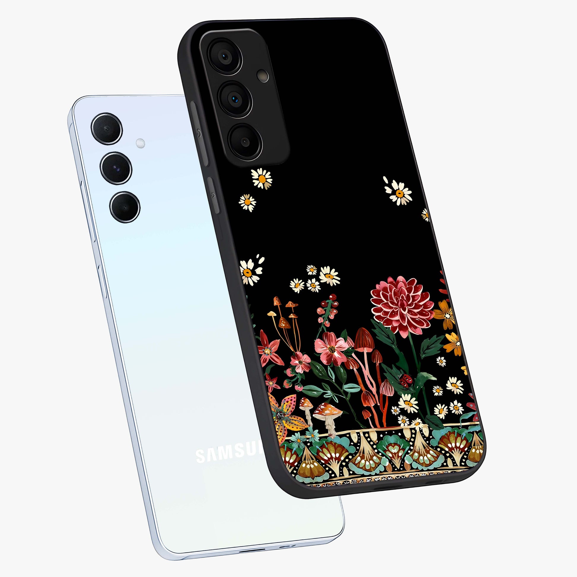 Midnight Bloom Pattern Glass Case displayed in angled mockup highlighting elegant flower design with midnight aesthetic style.
