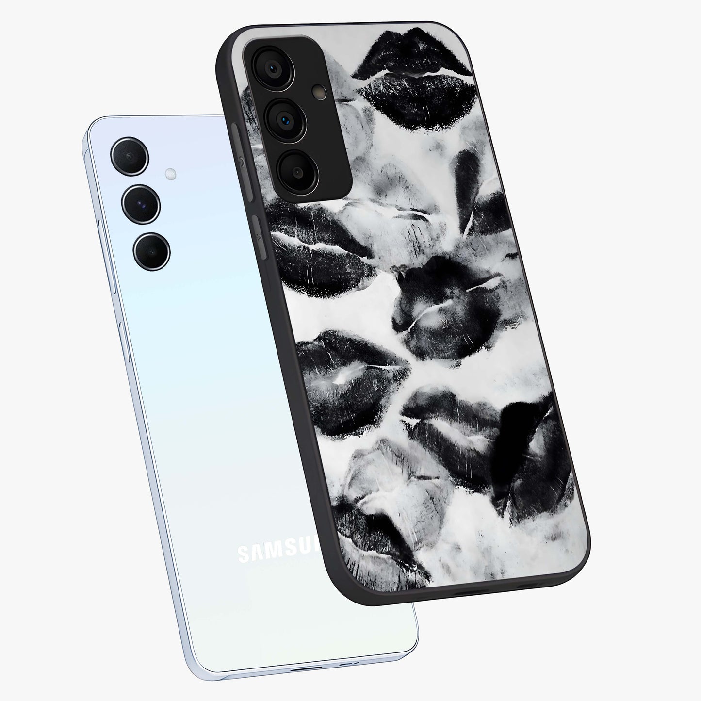 Midnight Kiss Marks Glass Case displayed in angled mockup highlighting playful romantic design with bold midnight aesthetic.