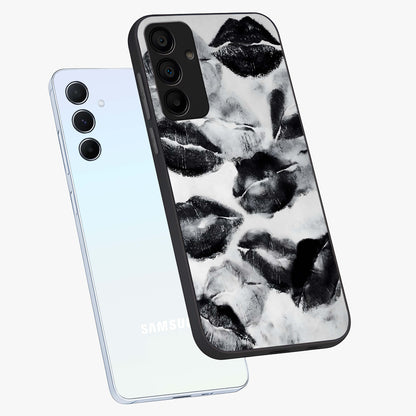 Midnight Kiss Marks Glass Case displayed in angled mockup highlighting playful romantic design with bold midnight aesthetic.