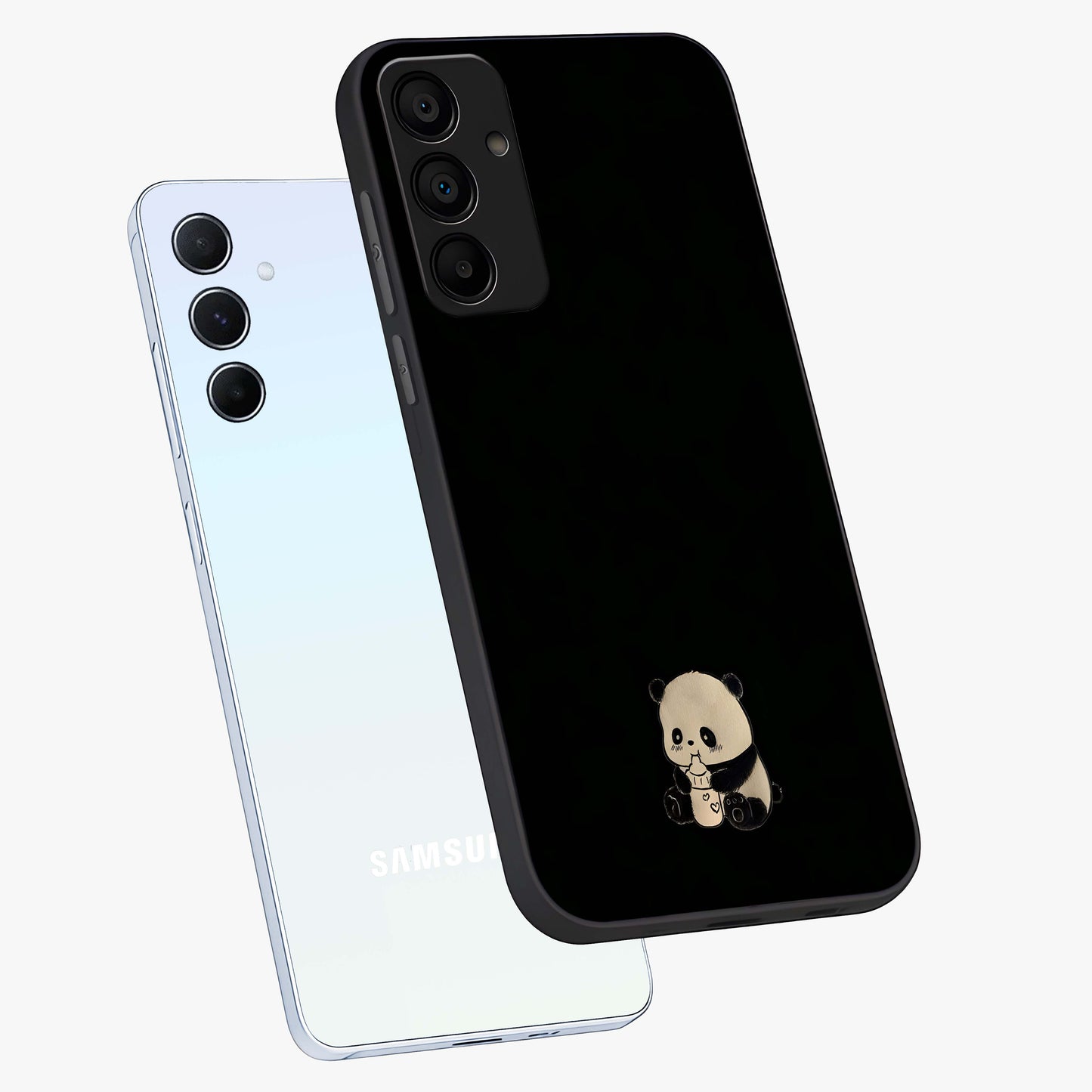 Midnight Panda Love Glass Case displayed in angled mockup highlighting adorable panda illustration with midnight aesthetic.