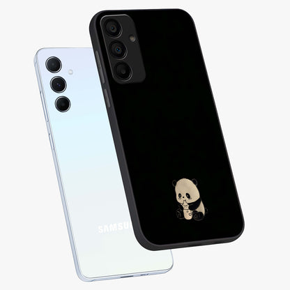 Midnight Panda Love Glass Case displayed in angled mockup highlighting adorable panda illustration with midnight aesthetic.