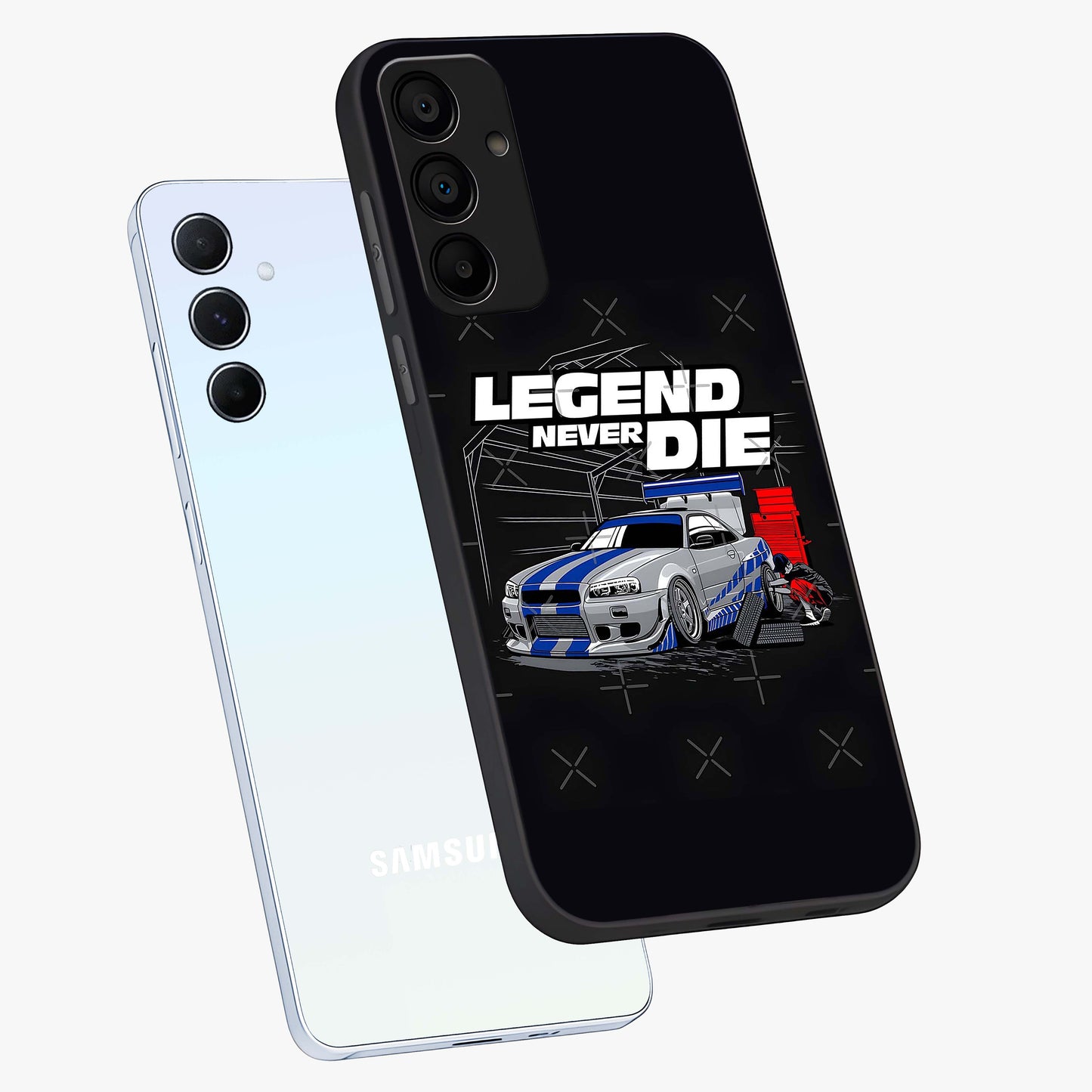 Midnight Racing Legacy Glass Case displayed in angled mockup highlighting dynamic automotive design with bold midnight aesthetic.