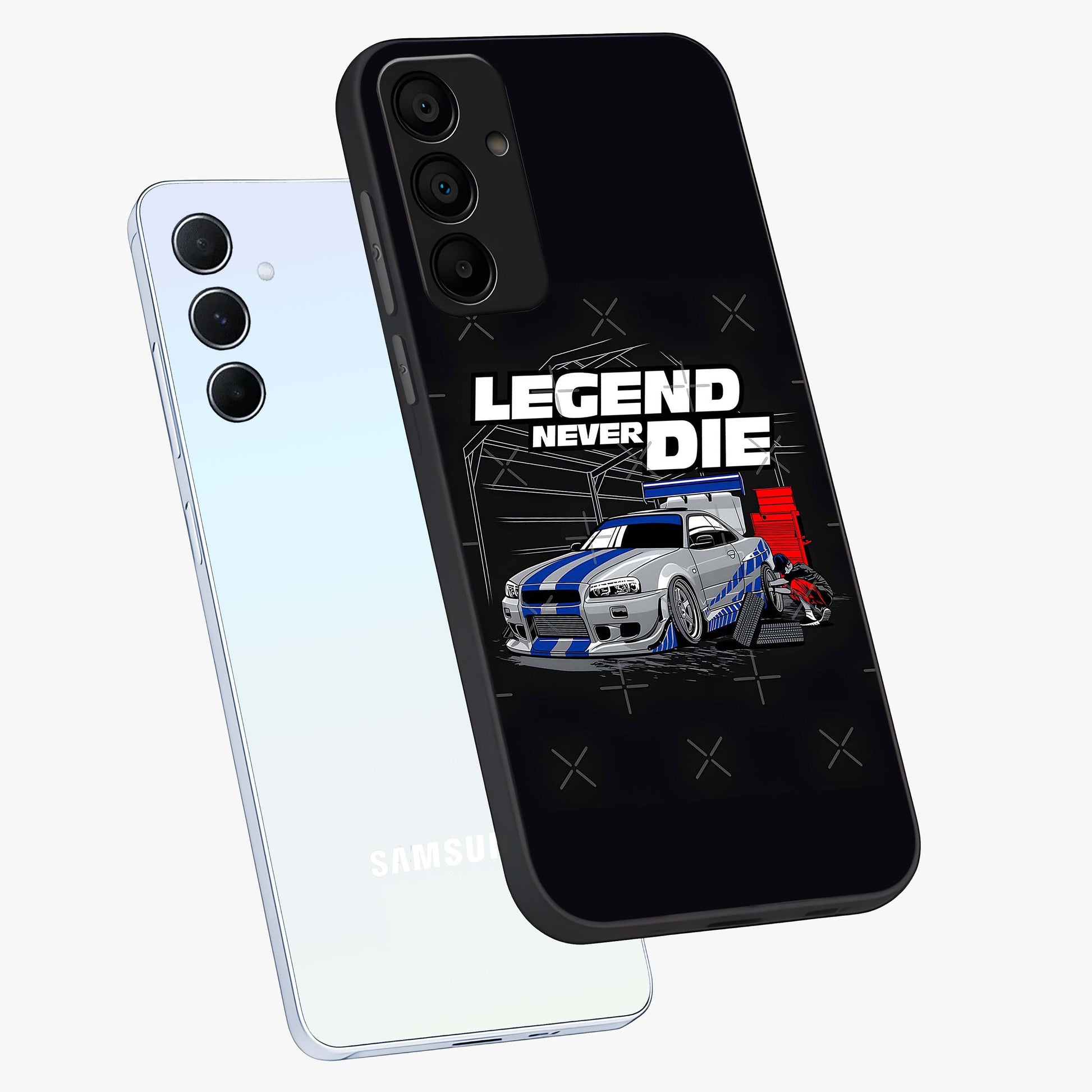 Midnight Racing Legacy Glass Case displayed in angled mockup highlighting dynamic automotive design with bold midnight aesthetic.