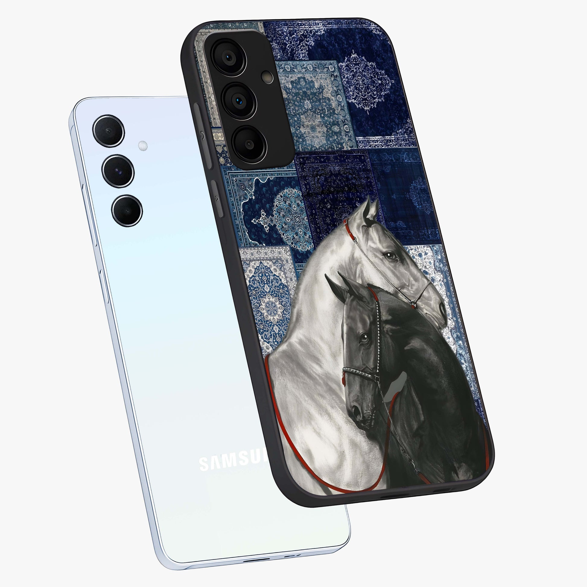 Midnight Stallion Blues Glass Case displayed in angled mockup highlighting powerful stallion illustration with deep midnight tones.
