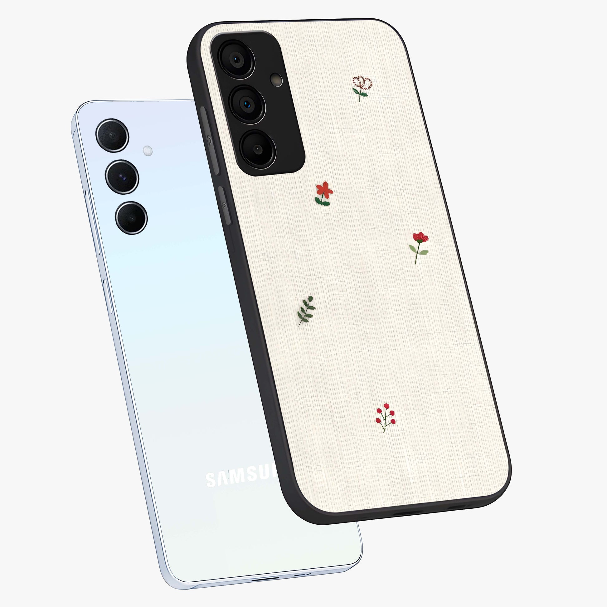 Minimalistic Blue With White Flower Pattern Glass Case displayed in angled mockup highlighting simple floral design with minimal aesthetic.