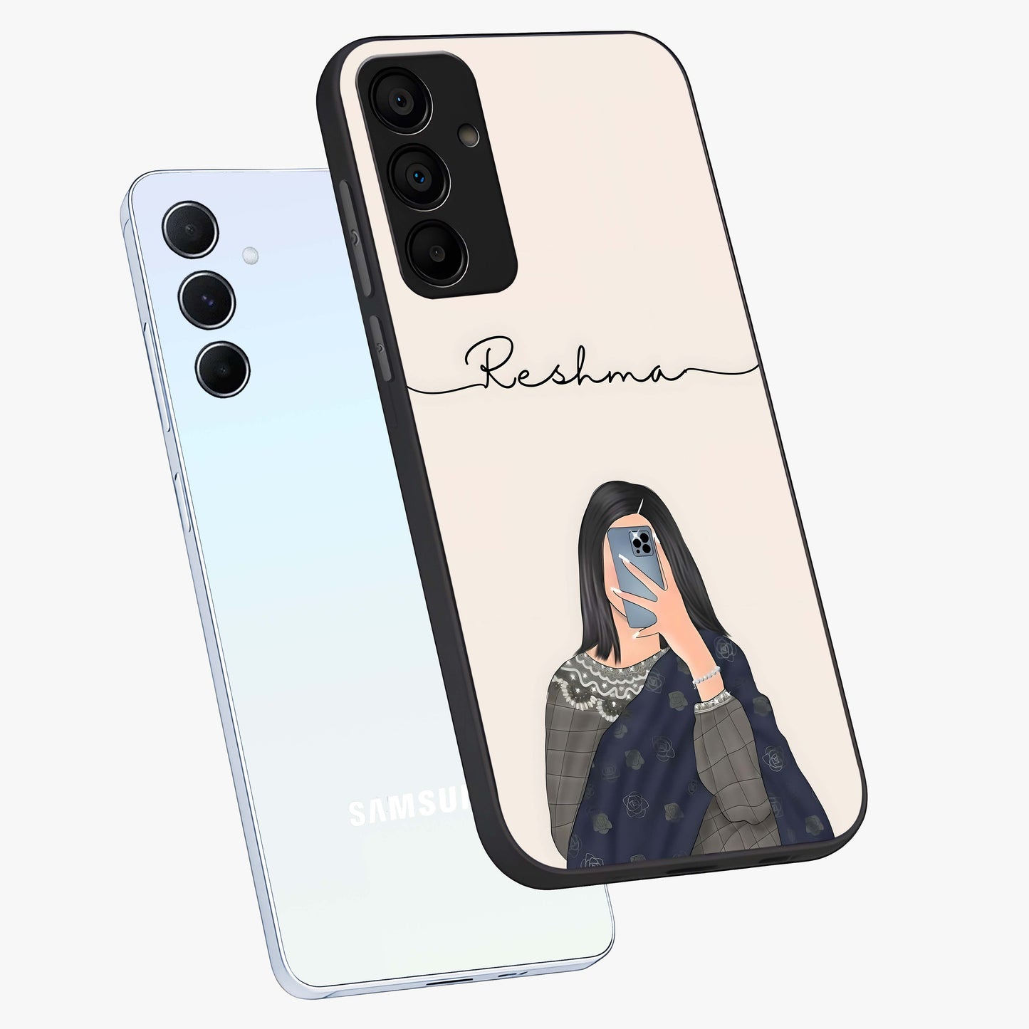Mirror Mood Muse With Custom Name Glass Case displayed in angled mockup highlighting aesthetic mirror inspired design with custom name feature.