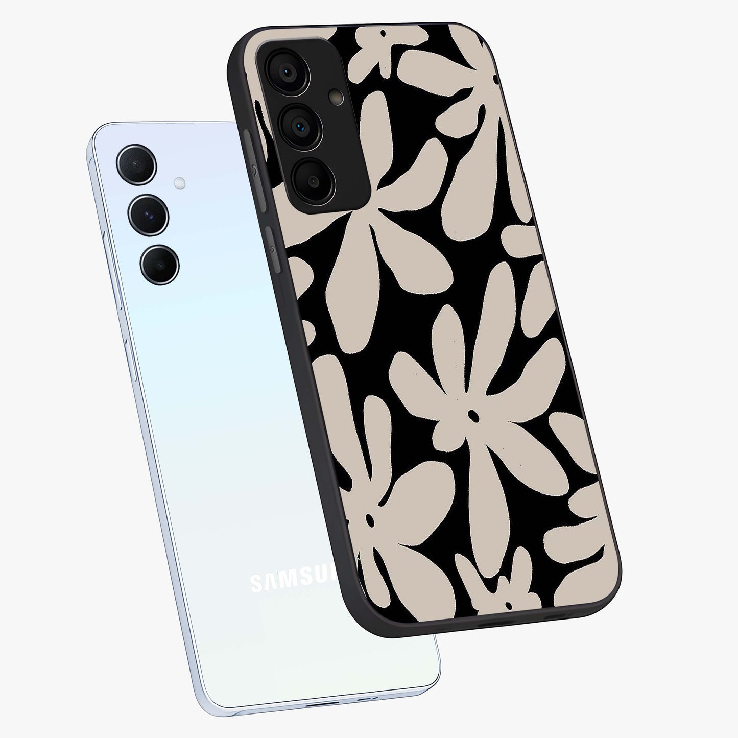 Monochrome Petal Dance Glass Case displayed in angled mockup highlighting elegant petal design with black and white aesthetic.