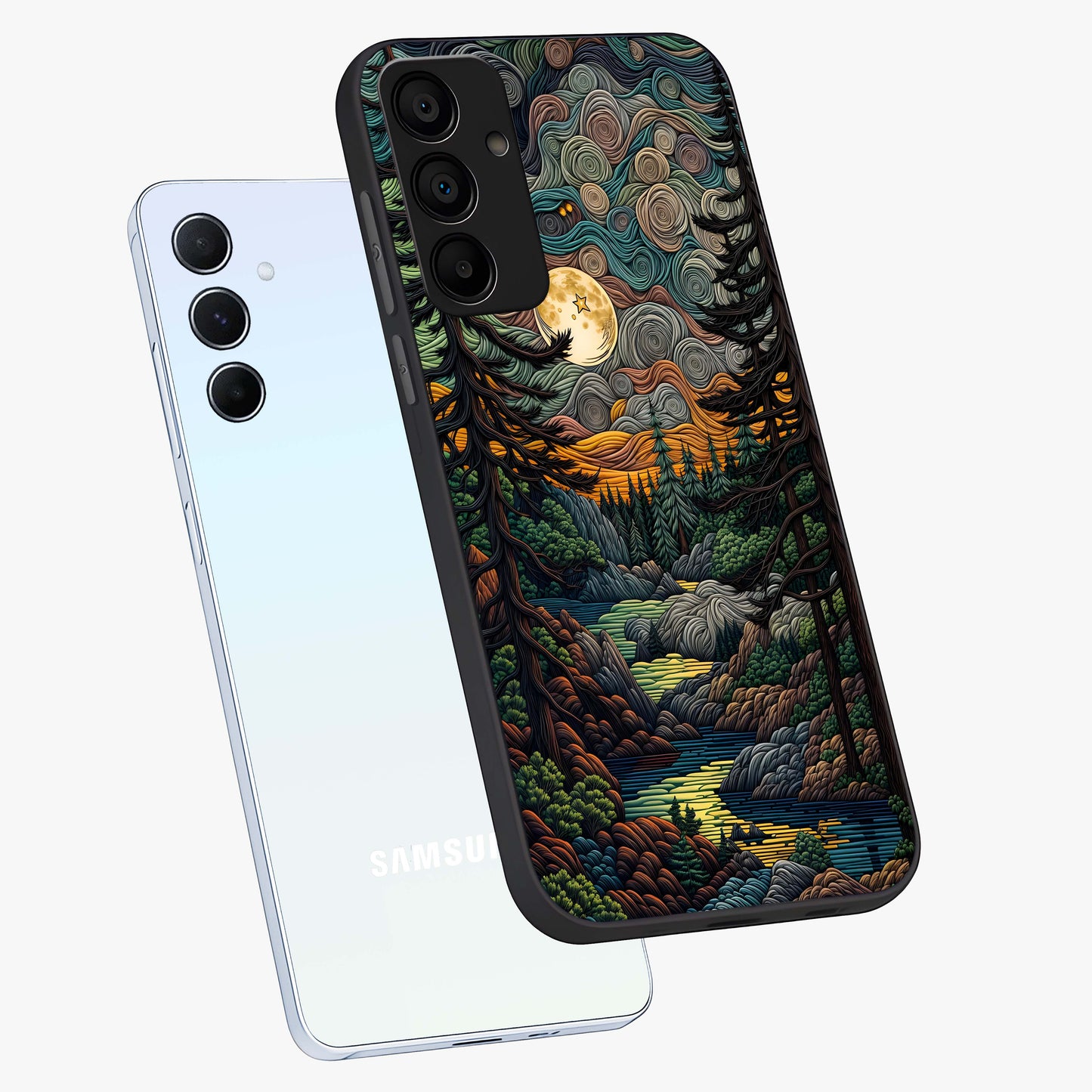 Moonlight Forest Dream Glass Case displayed in angled mockup highlighting dreamy forest design with glowing moon aesthetic.