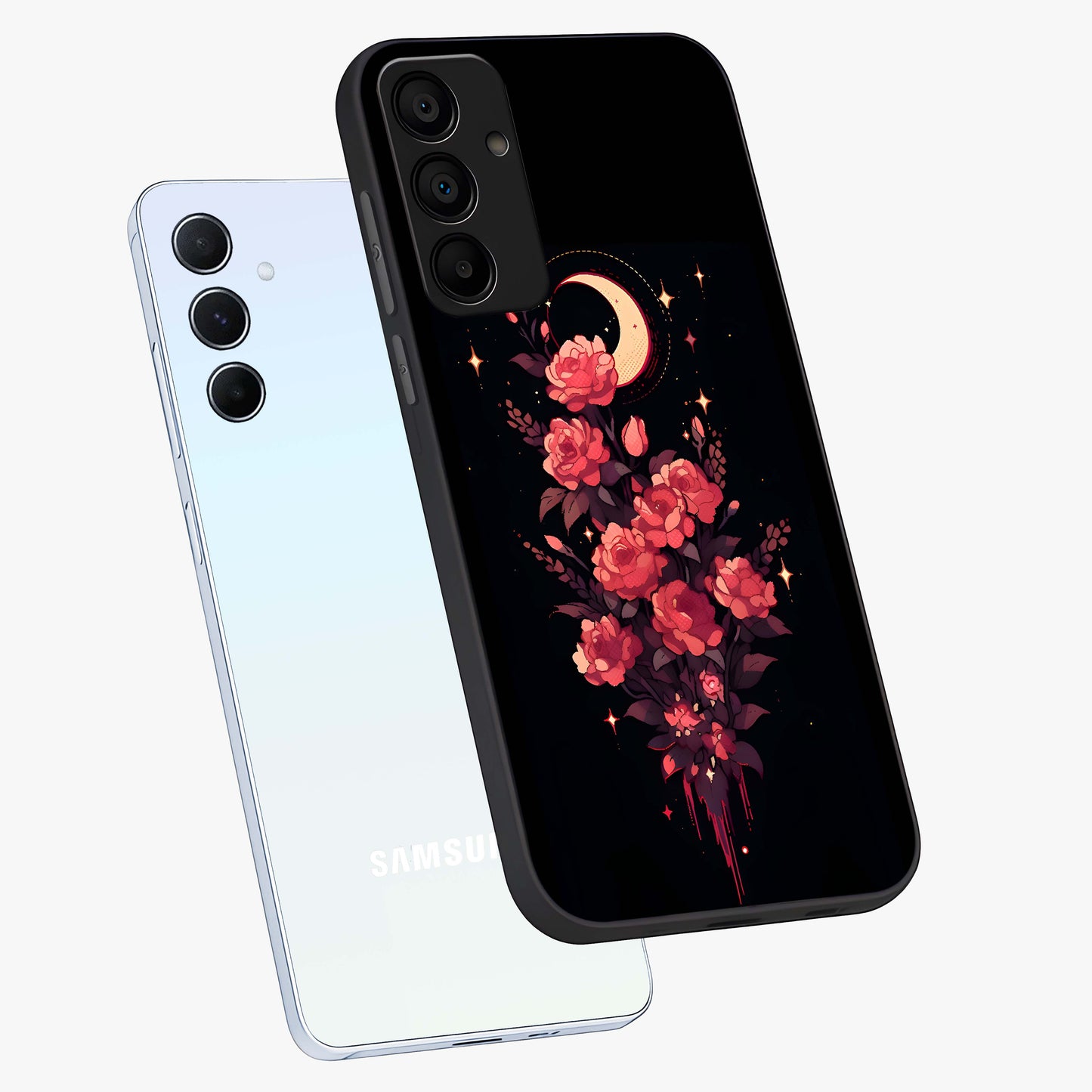 Moonlit Floral Elegance Glass Case displayed in angled mockup highlighting graceful flower design with soft moonlight aesthetic.