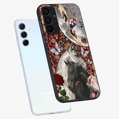 Moonlit Royal Stallion Glass Case displayed in angled mockup highlighting powerful stallion illustration with royal night aesthetic.