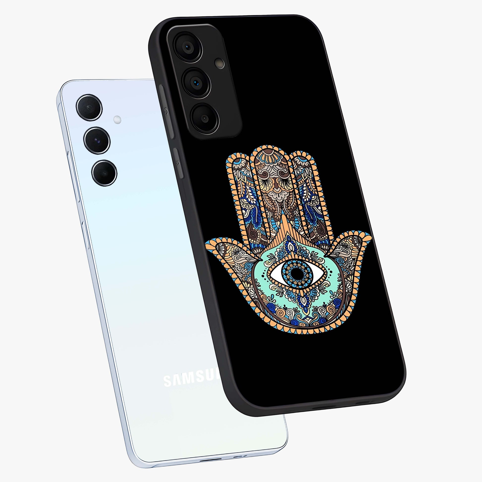 Mystic Hamsa Eye Glass Case displayed in angled mockup highlighting spiritual hamsa symbol with mystical aesthetic style.