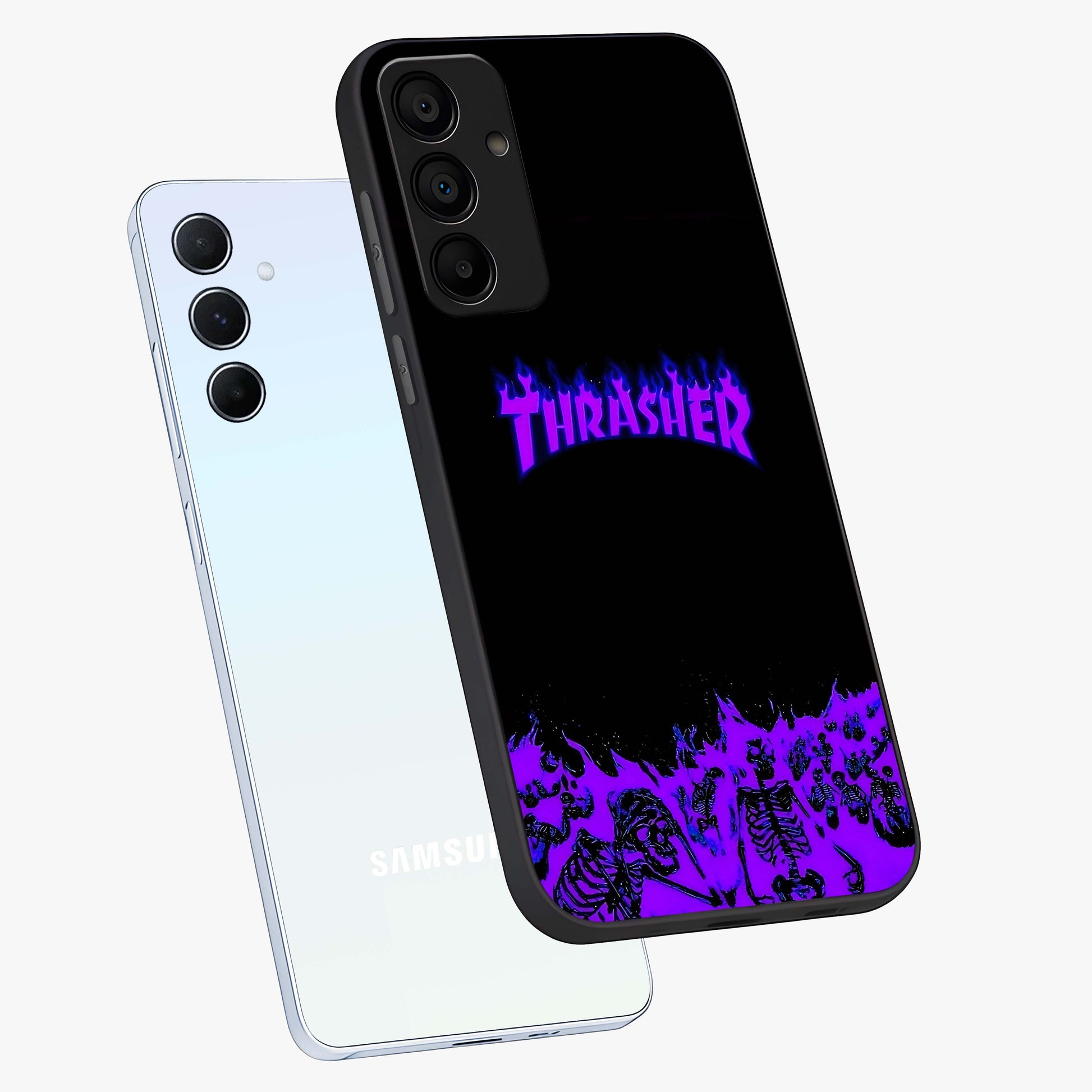 Neon Flame Riot Glass Case displayed in angled mockup highlighting glowing flame design with vibrant neon aesthetic.