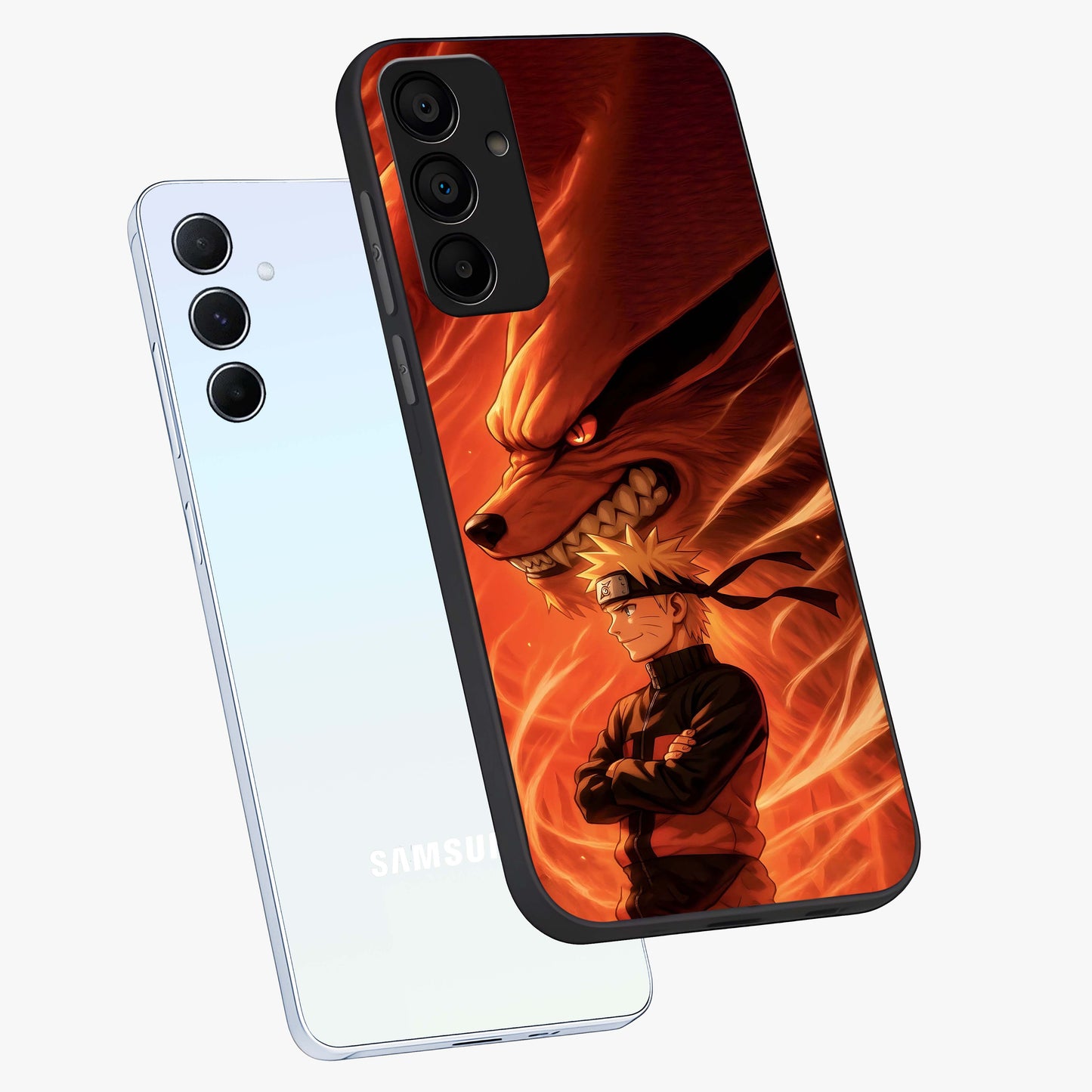 Nine Tails Legacy Glass Case displayed in angled mockup highlighting dynamic anime beast illustration with bold mystical aesthetic.