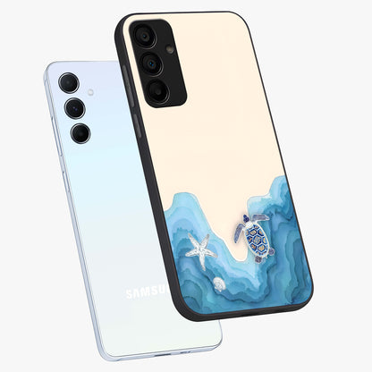 Ocean Drift Turtle Glass Case displayed in angled mockup highlighting peaceful ocean turtle illustration with marine aesthetic.