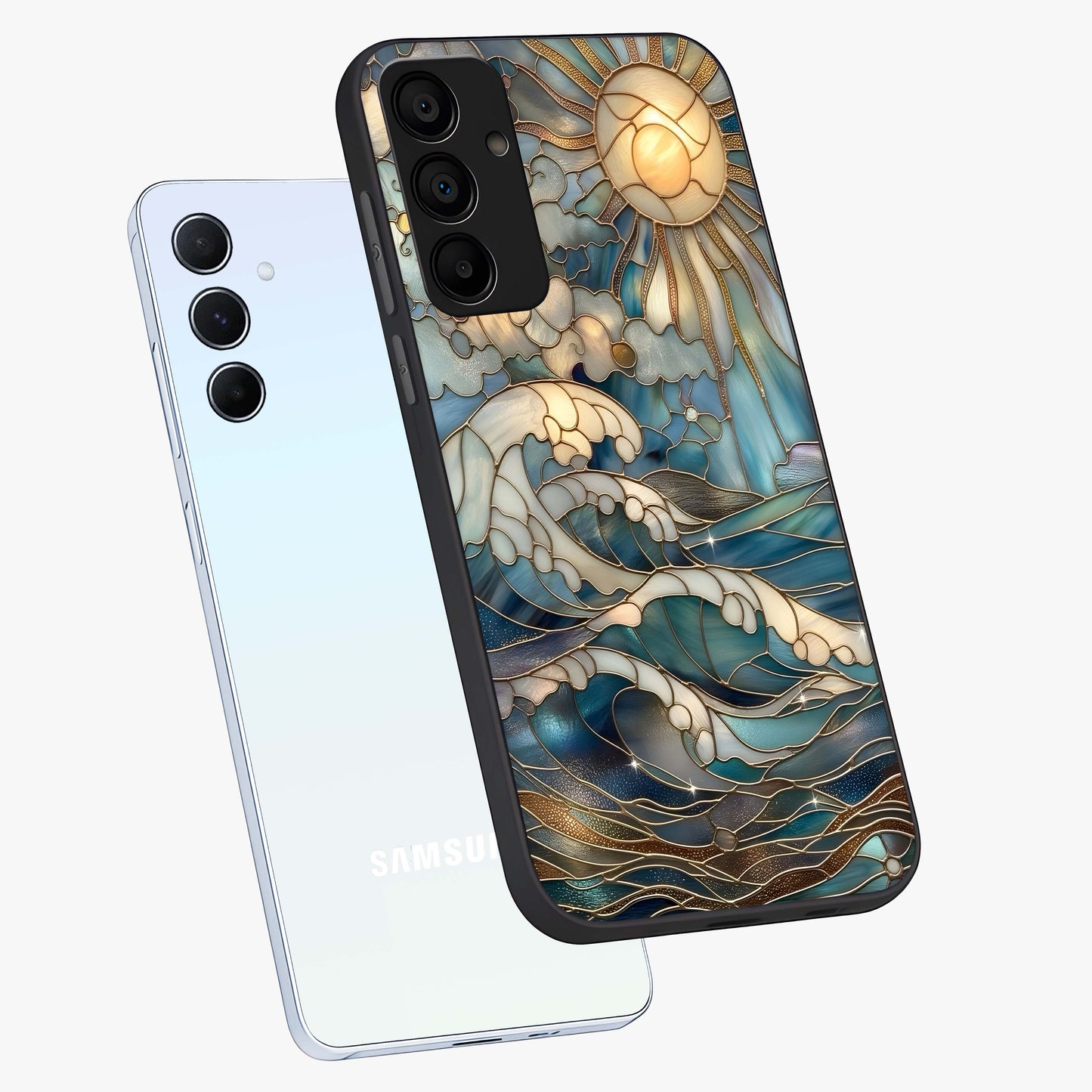 Oceanic Stained Printed Glass Case displayed in angled mockup highlighting colorful aquatic design with artistic aesthetic style.