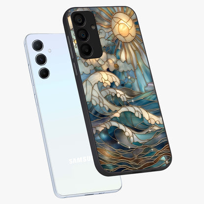 Oceanic Stained Printed Glass Case displayed in angled mockup highlighting colorful aquatic design with artistic aesthetic style.