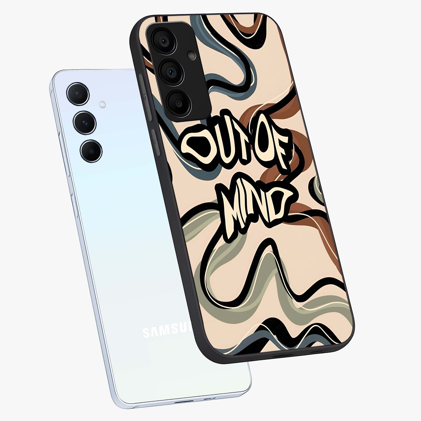 Out Of Mind Glass Case displayed in angled mockup highlighting bold statement design with modern artistic aesthetic.