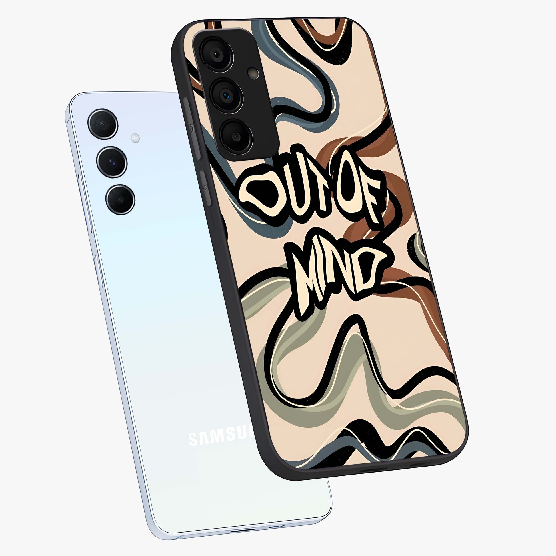 Out Of Mind Glass Case displayed in angled mockup highlighting bold statement design with modern artistic aesthetic.
