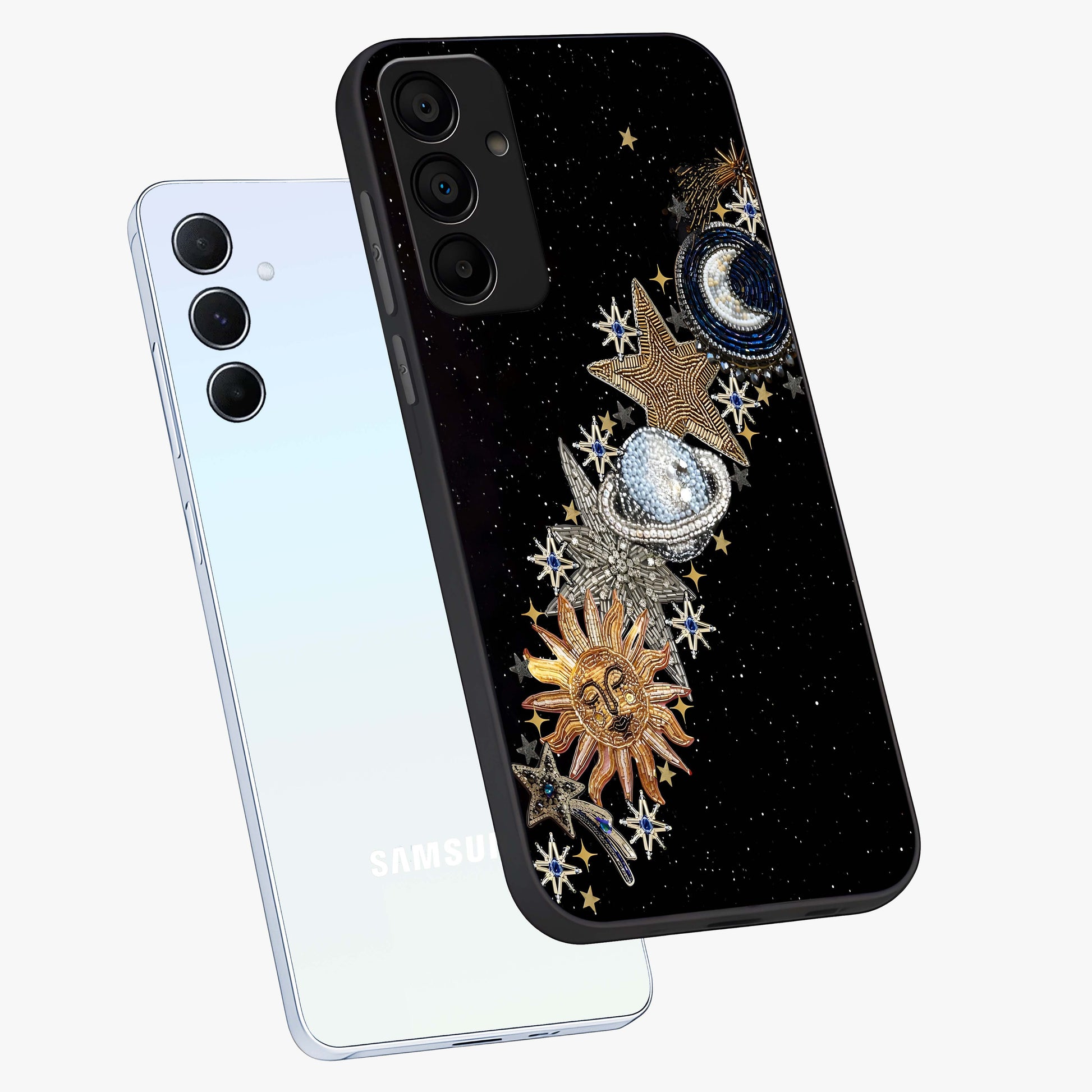Pearls Universe Object Glass Case displayed in angled mockup highlighting celestial pearl design with dreamy aesthetic.