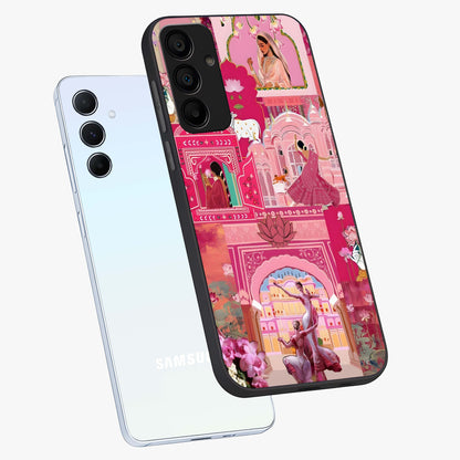 Pink Palace Muse Glass Case displayed in angled mockup highlighting dreamy palace illustration with soft pink aesthetic.