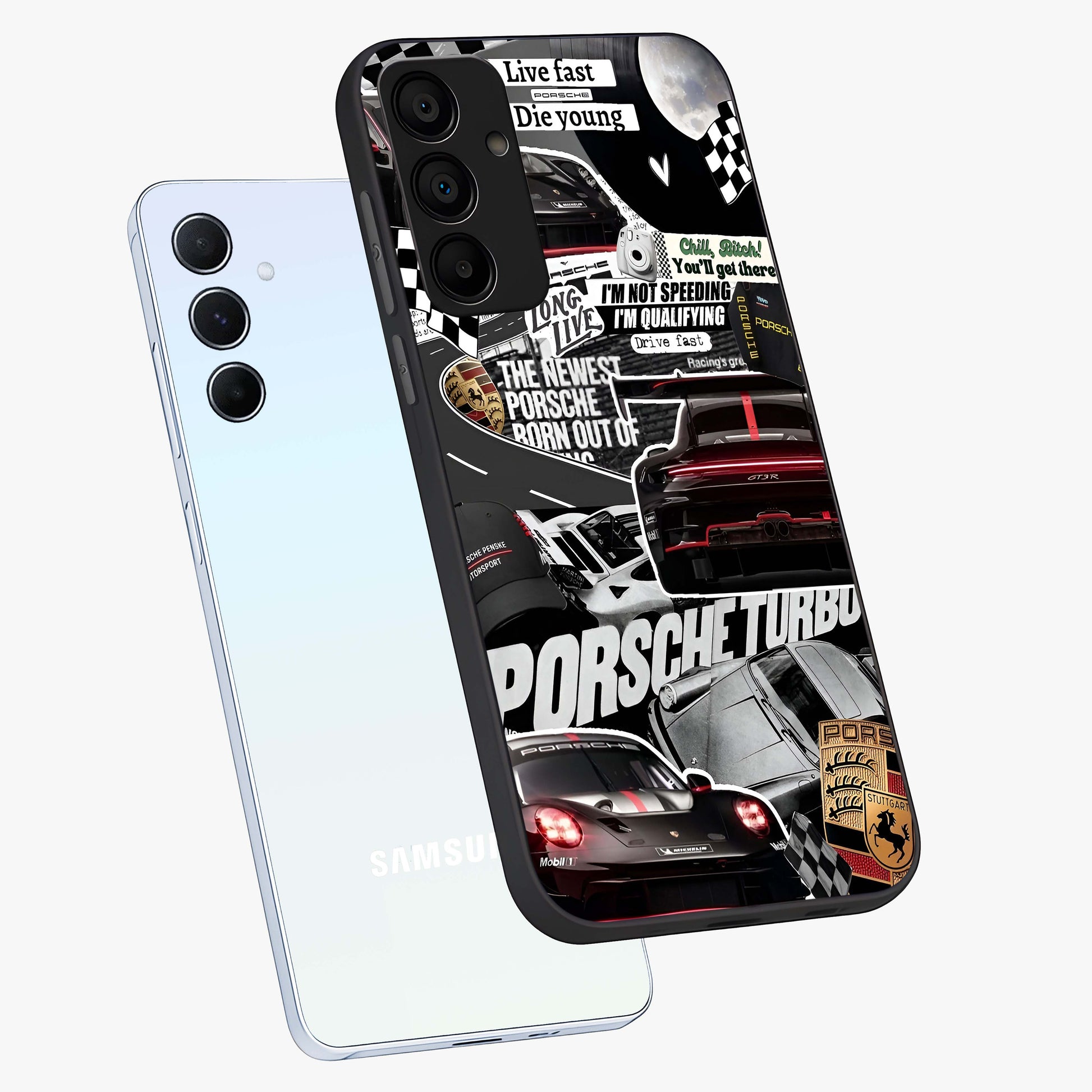 Porsche Racing Collage Glass Case displayed in angled mockup highlighting dynamic automotive design with bold racing aesthetic.