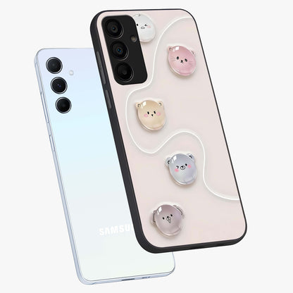 Puffy Face Parade Glass Case displayed in angled mockup highlighting playful cartoon face design with fun aesthetic.