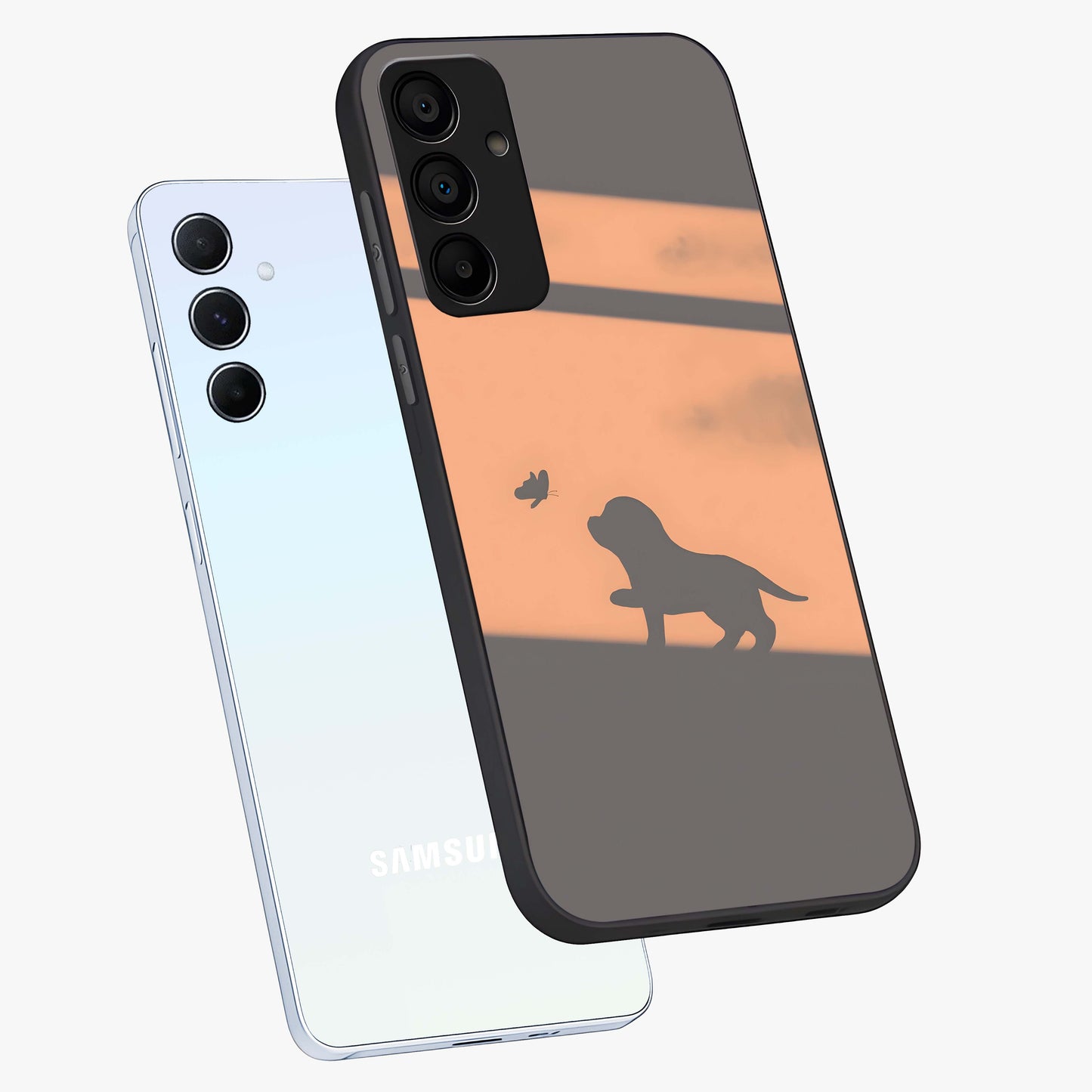 Puppy Shadow Art Glass Case displayed in angled mockup highlighting playful dog illustration with artistic shadow aesthetic.