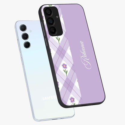 Purple Diamond Floral Glass Case displayed in angled mockup highlighting elegant purple flower design with decorative pattern.