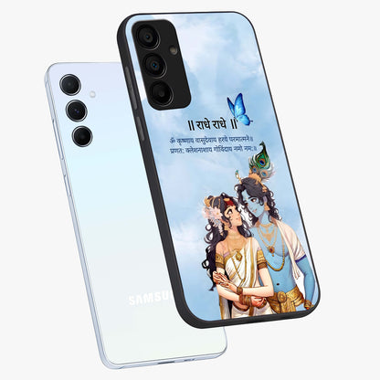 Radha Krishna Eternal Glass Case displayed in angled mockup highlighting divine Radha Krishna illustration with spiritual aesthetic.