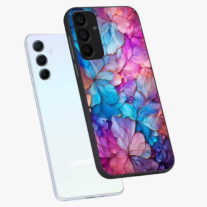 Radiant Floral Whirl Glass Case displayed in angled mockup highlighting vibrant flower pattern with dynamic artistic aesthetic.