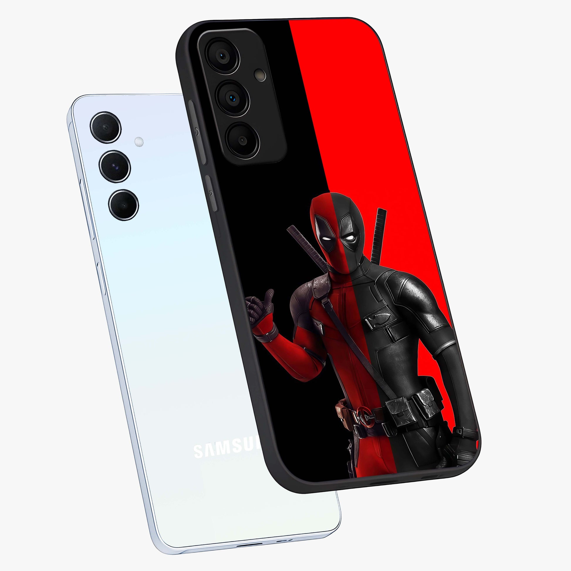 Red & Black Deadpool Theme Glass Case displayed in angled mockup highlighting vibrant superhero style illustration with action aesthetic.