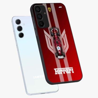 Red Ferrari F1 Vertical Glass Case displayed in angled mockup highlighting high speed racing design with bold automotive aesthetic.